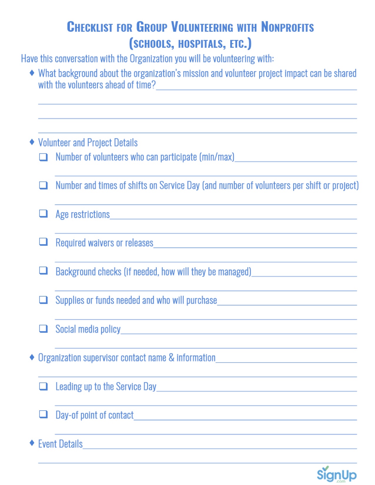 Printable Checklist for Service Day Planning