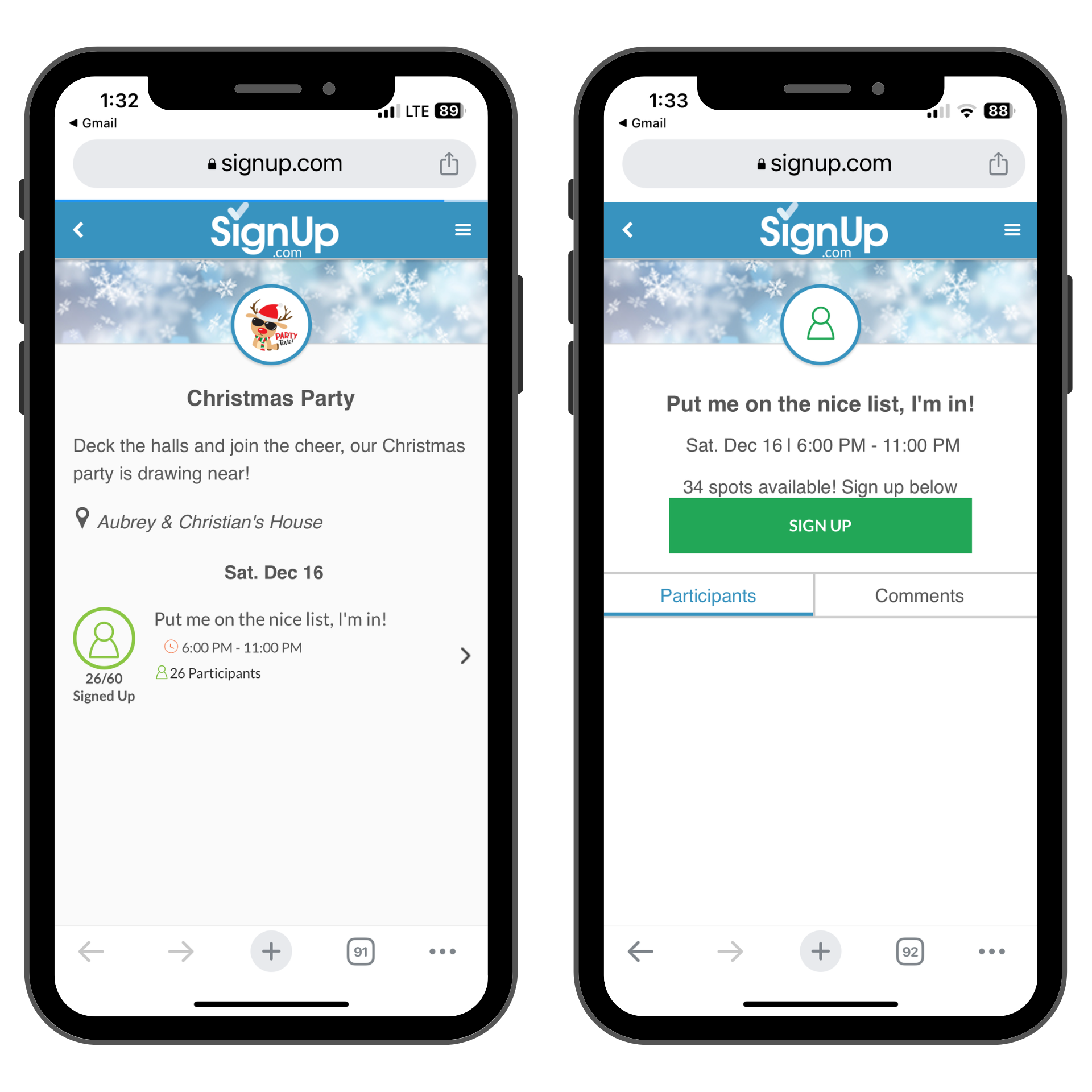 Christmas Party SignUp on mobile phones