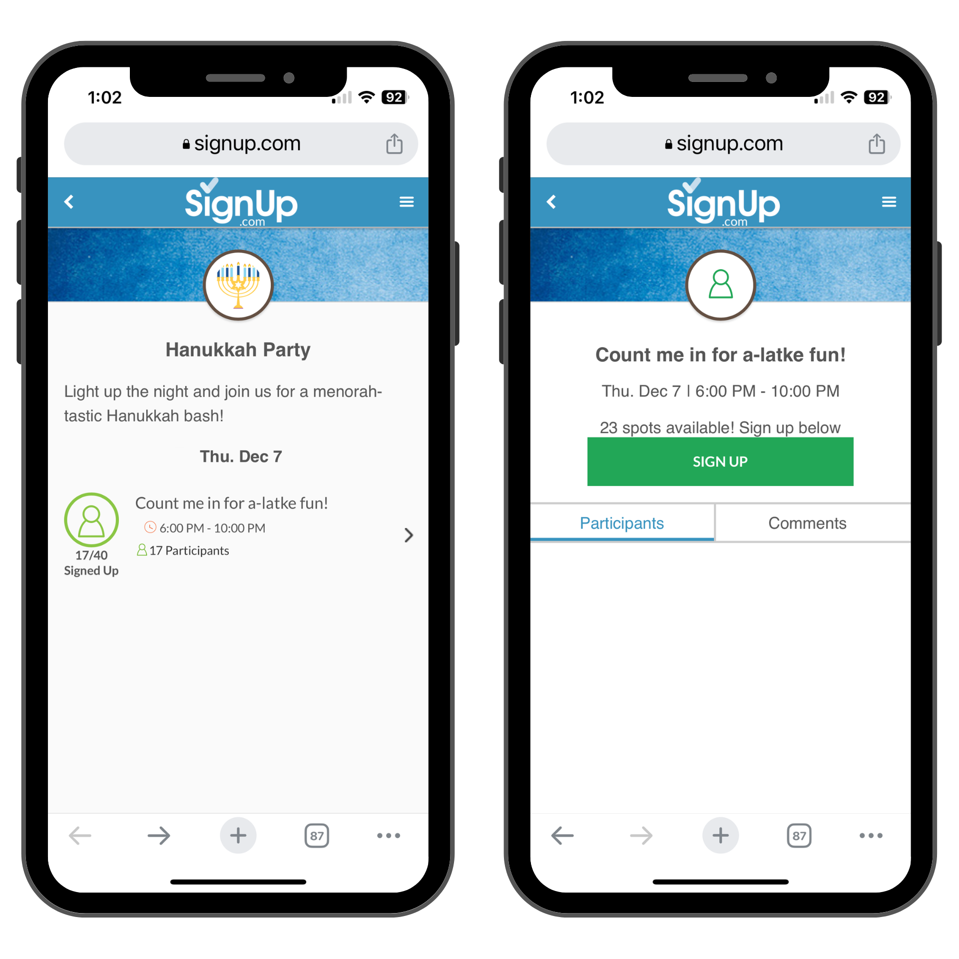 Hanukkah Party SignUp on mobile phones
