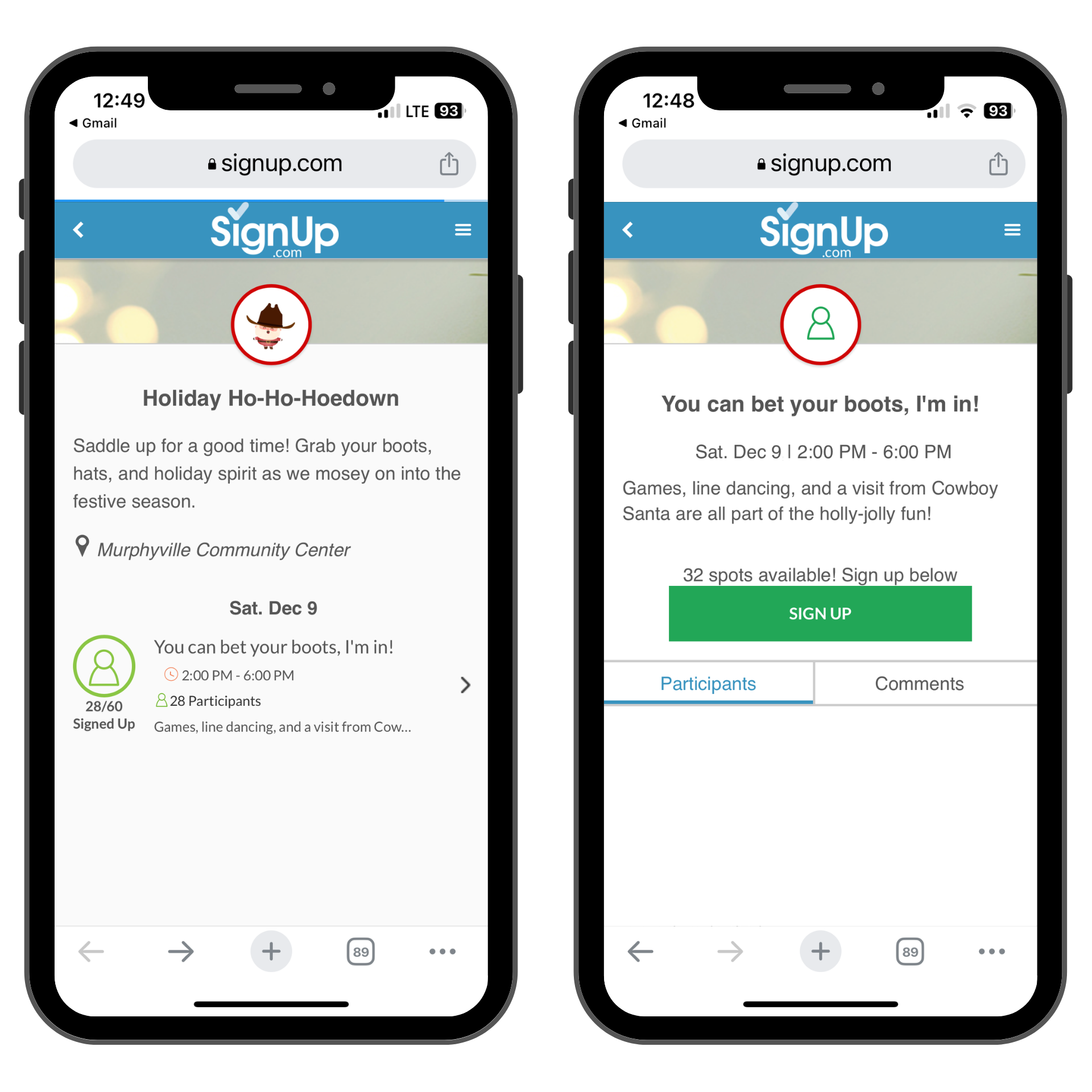 Christmas Party SignUp on mobile phones