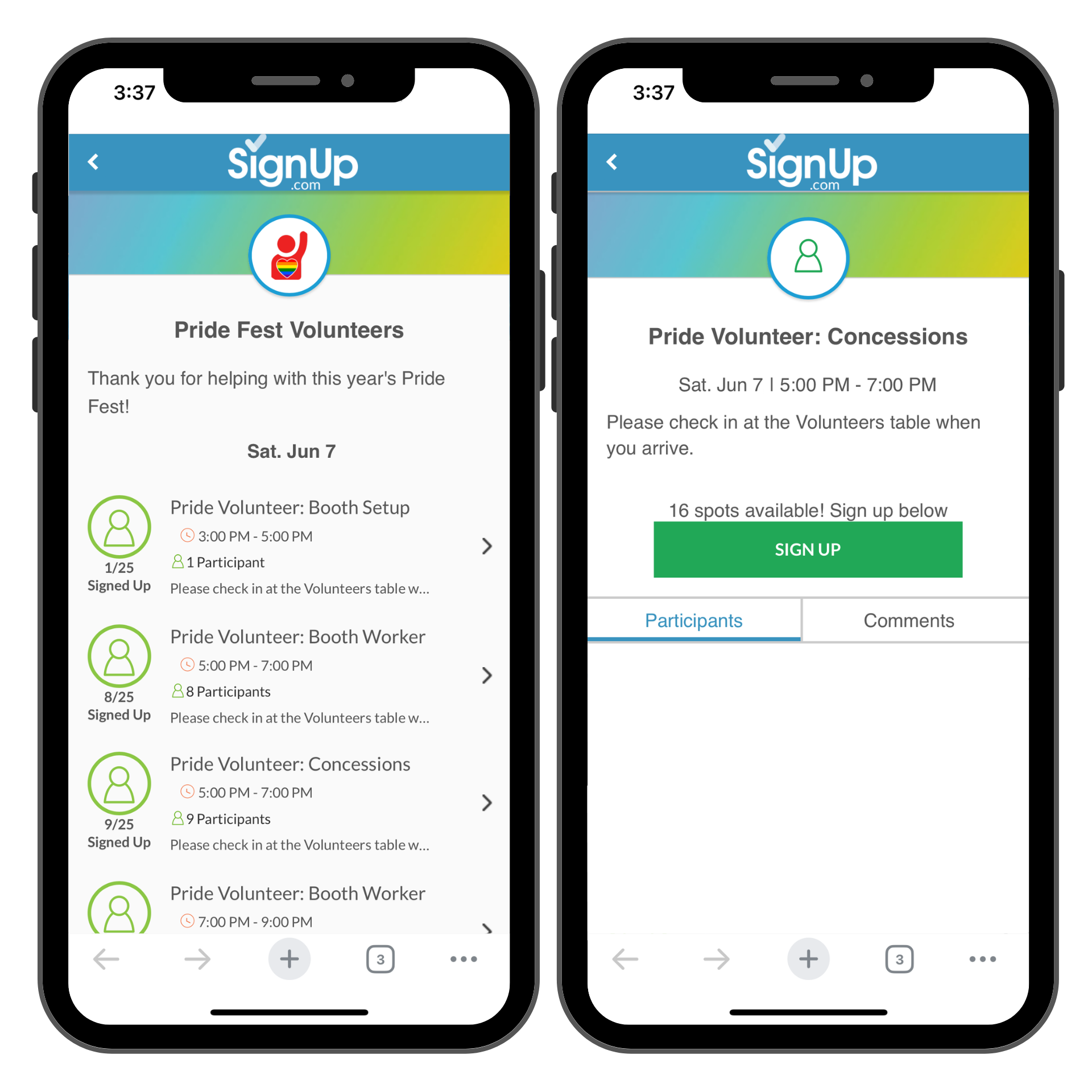 Pride Fest Volunteer SignUp on mobile phones