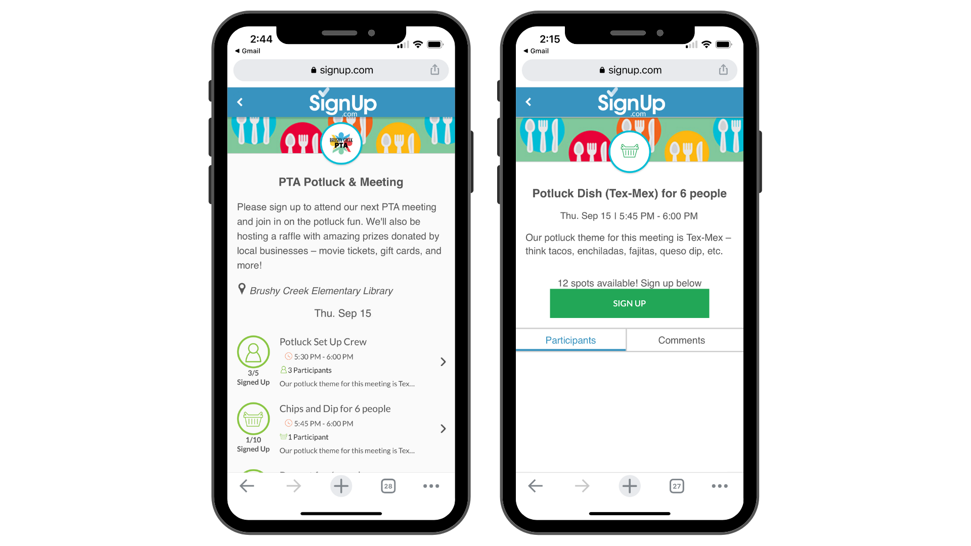 PTA Meeting PTA Potluck SignUp