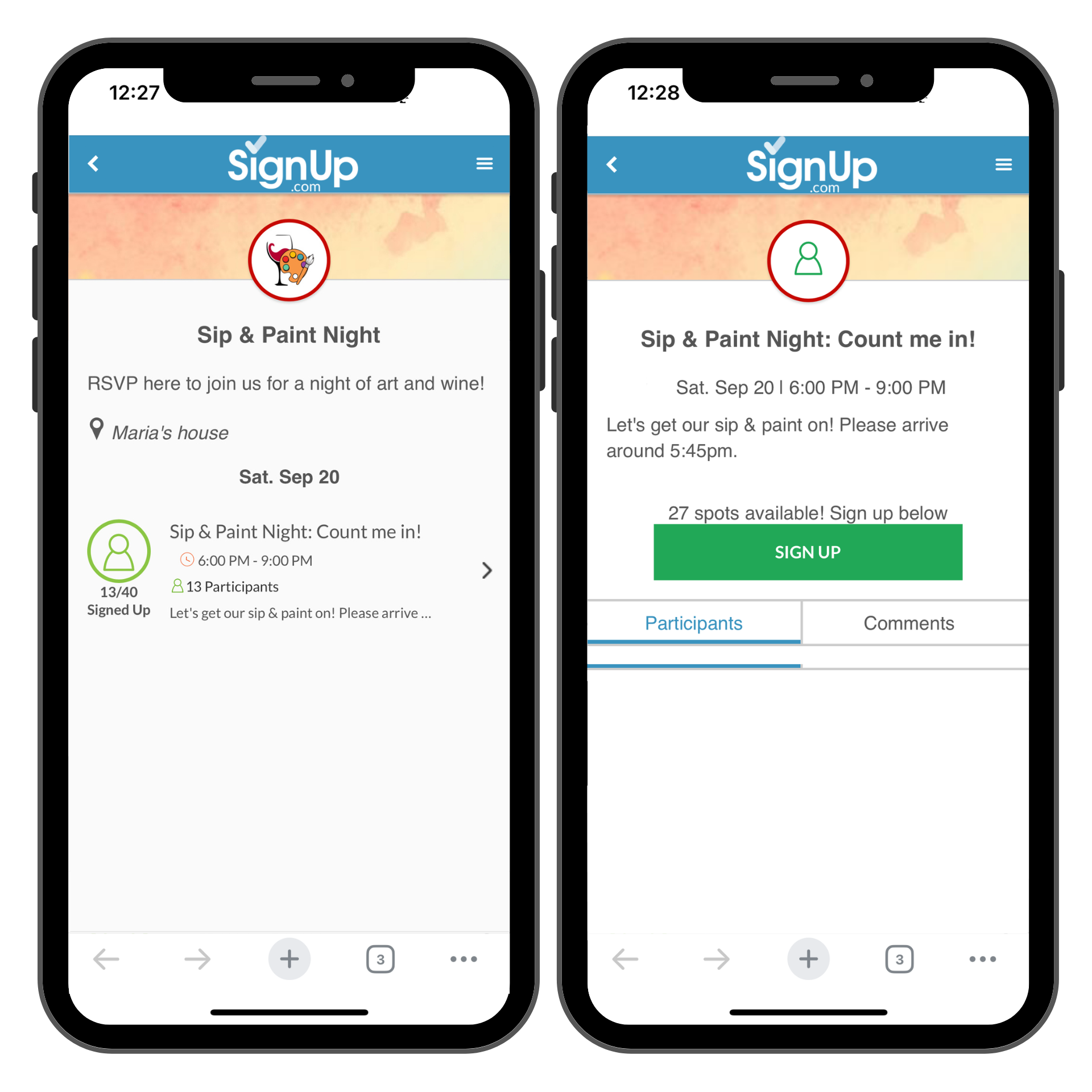 sip and paint night SignUp on cellphones