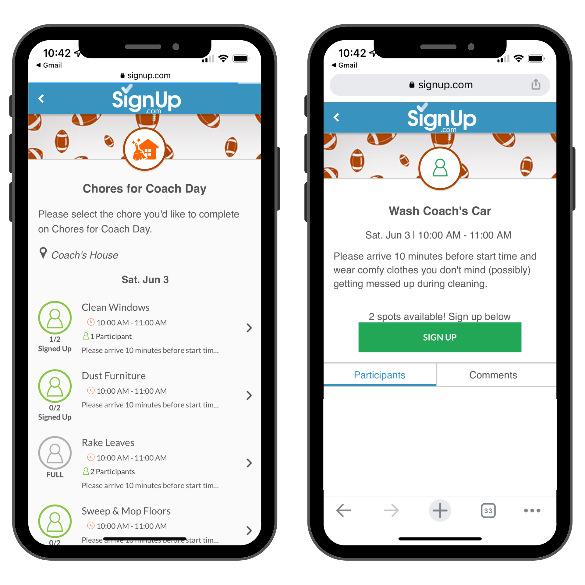 Chores for Coach Day SignUp