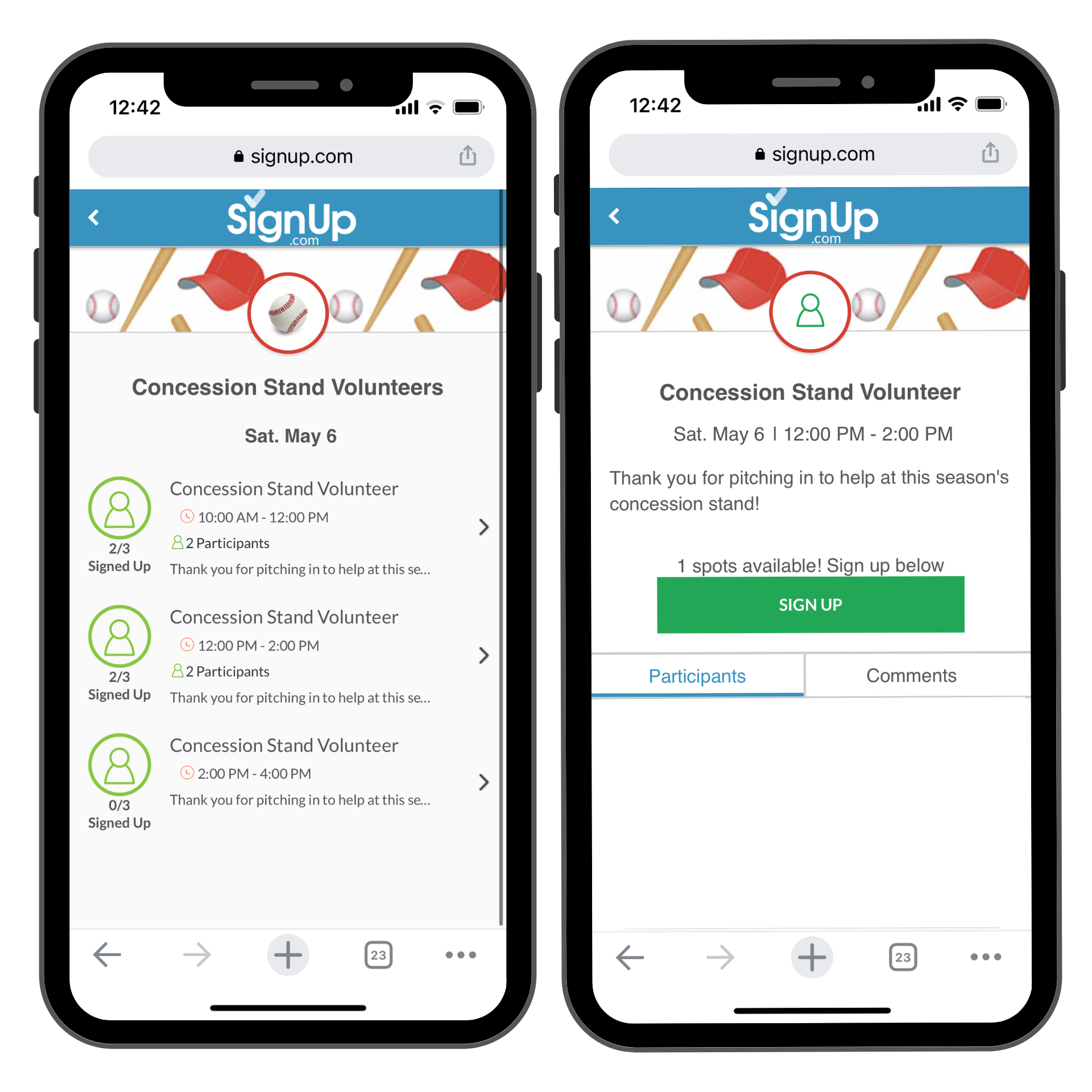 concession stand volunteer SignUp on mobile
