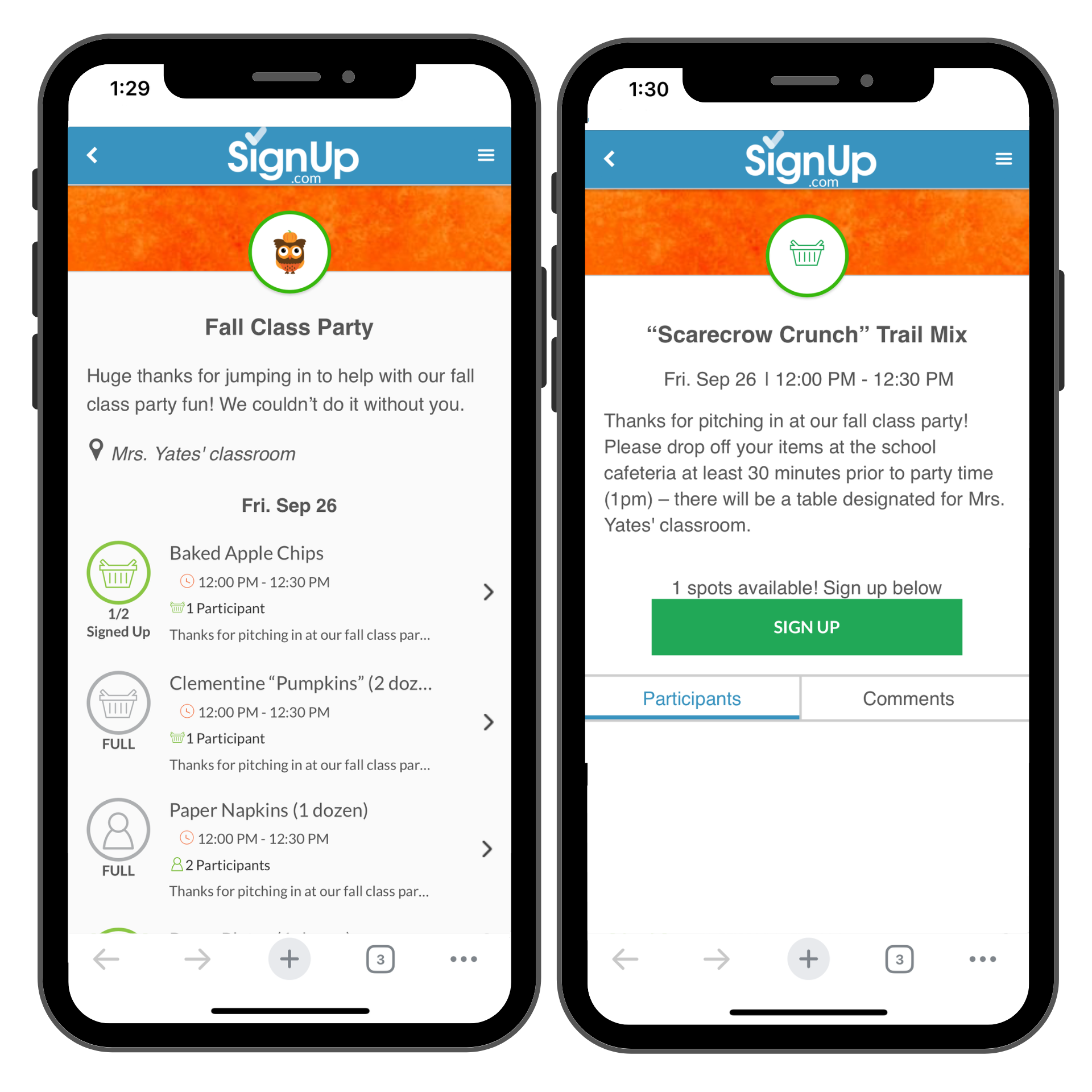 Fall Class Party SignUp on mobile phones
