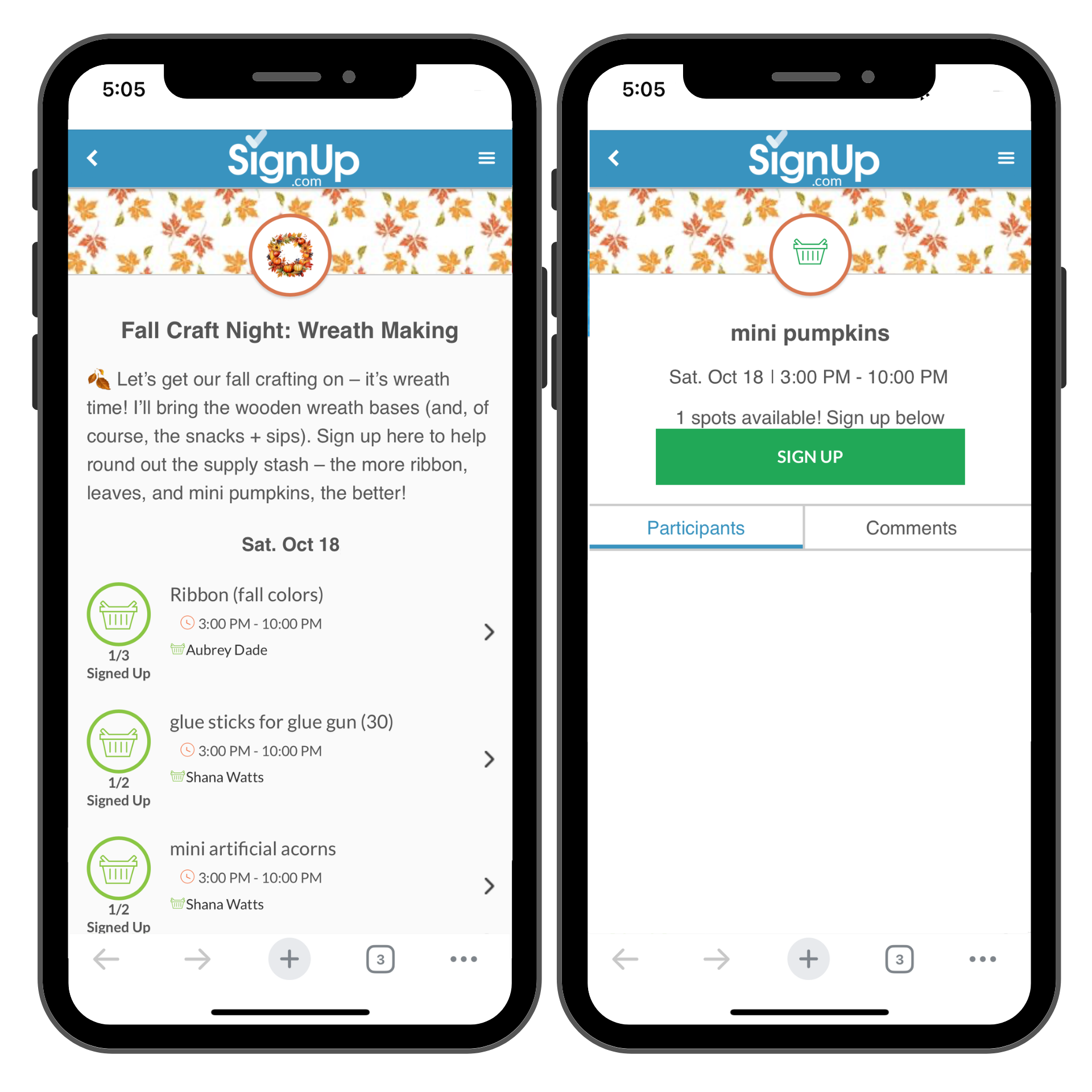 Fall Craft Night SignUp on mobile phones