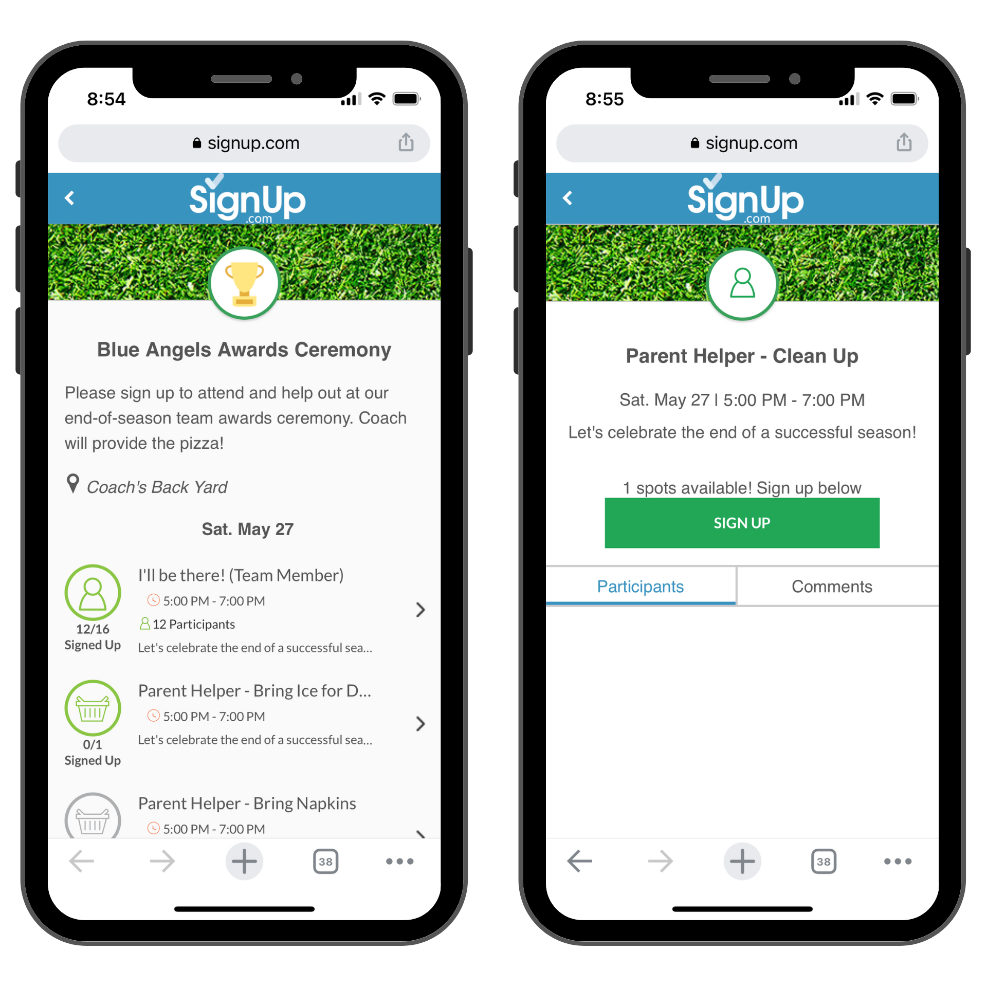 Sports Award Ceremony signup on mobile