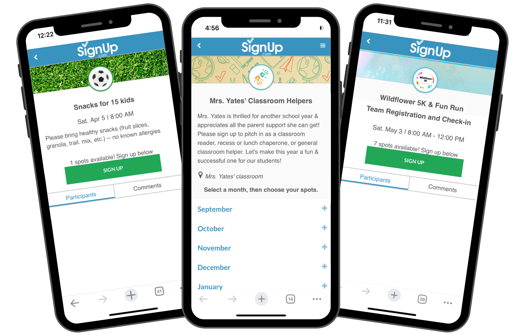 team snacks signup, classroom helpers signup, fun run signup