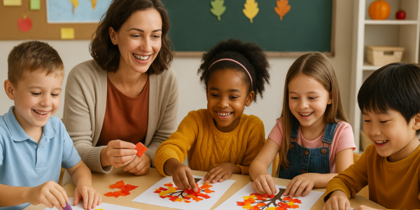 Teacher and students in class making fall tress with tissue paper