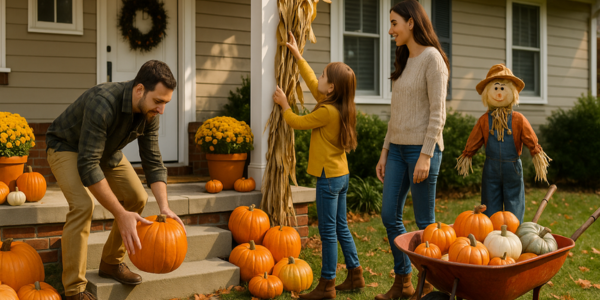family decorating their porch and yard for a fall neighborhood contest