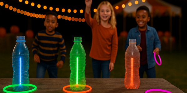 3 kids playing Glow Stick Ring Toss at a fall festival