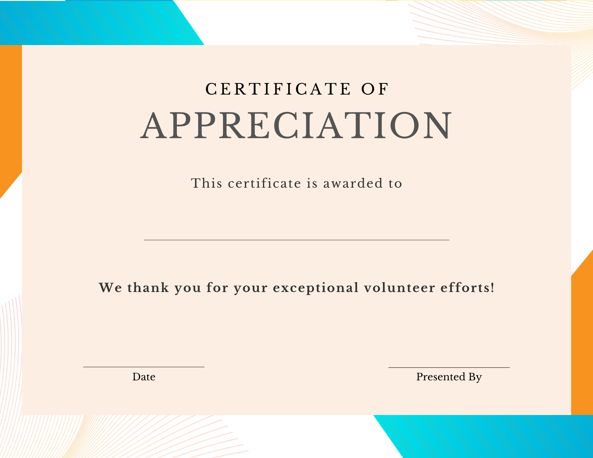volunteer appreciation certificate turquoise and orange