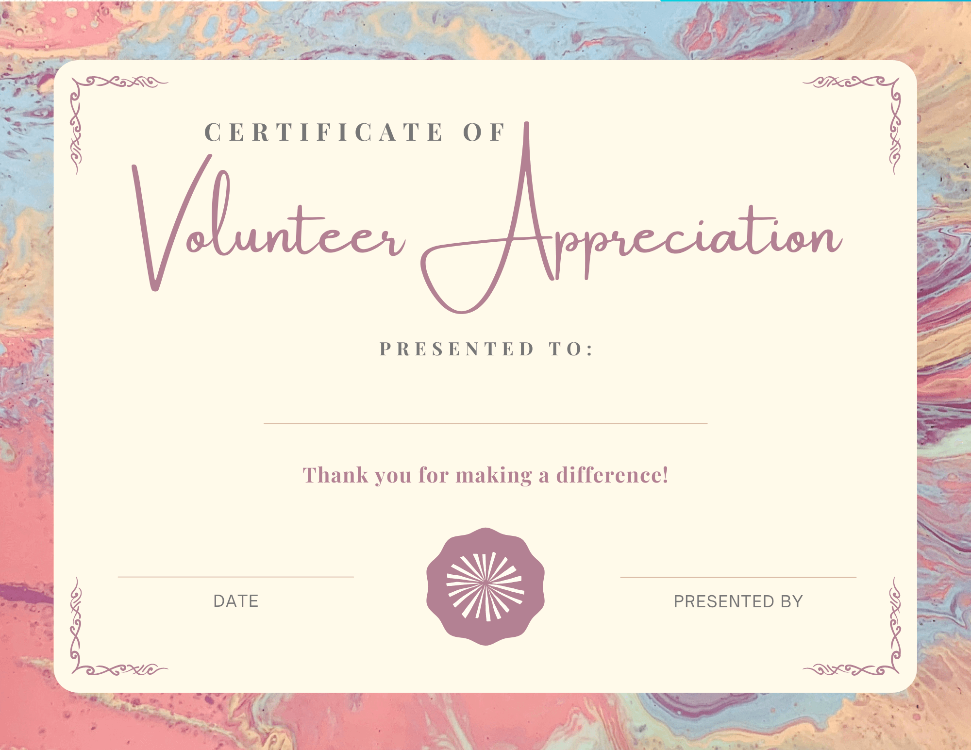volunteer appreciation certificate with paint background