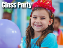 class party thumbnail - cute elementary girl in a party hat in the classroom