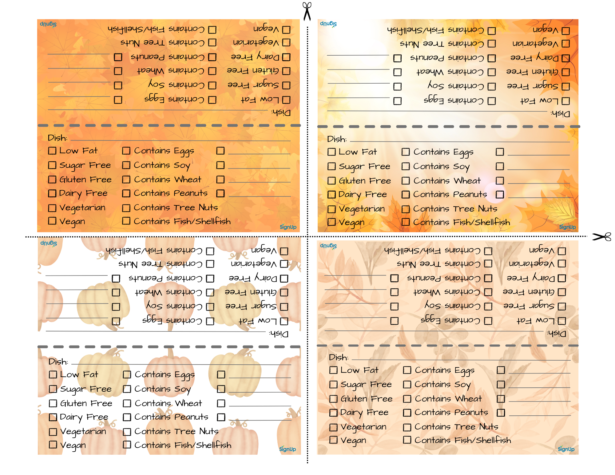 fall themed food allergy cards
