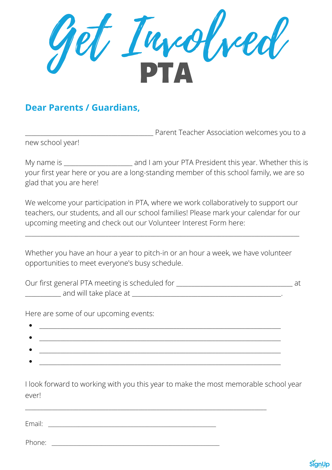 PTA Welcome Letter to Parents