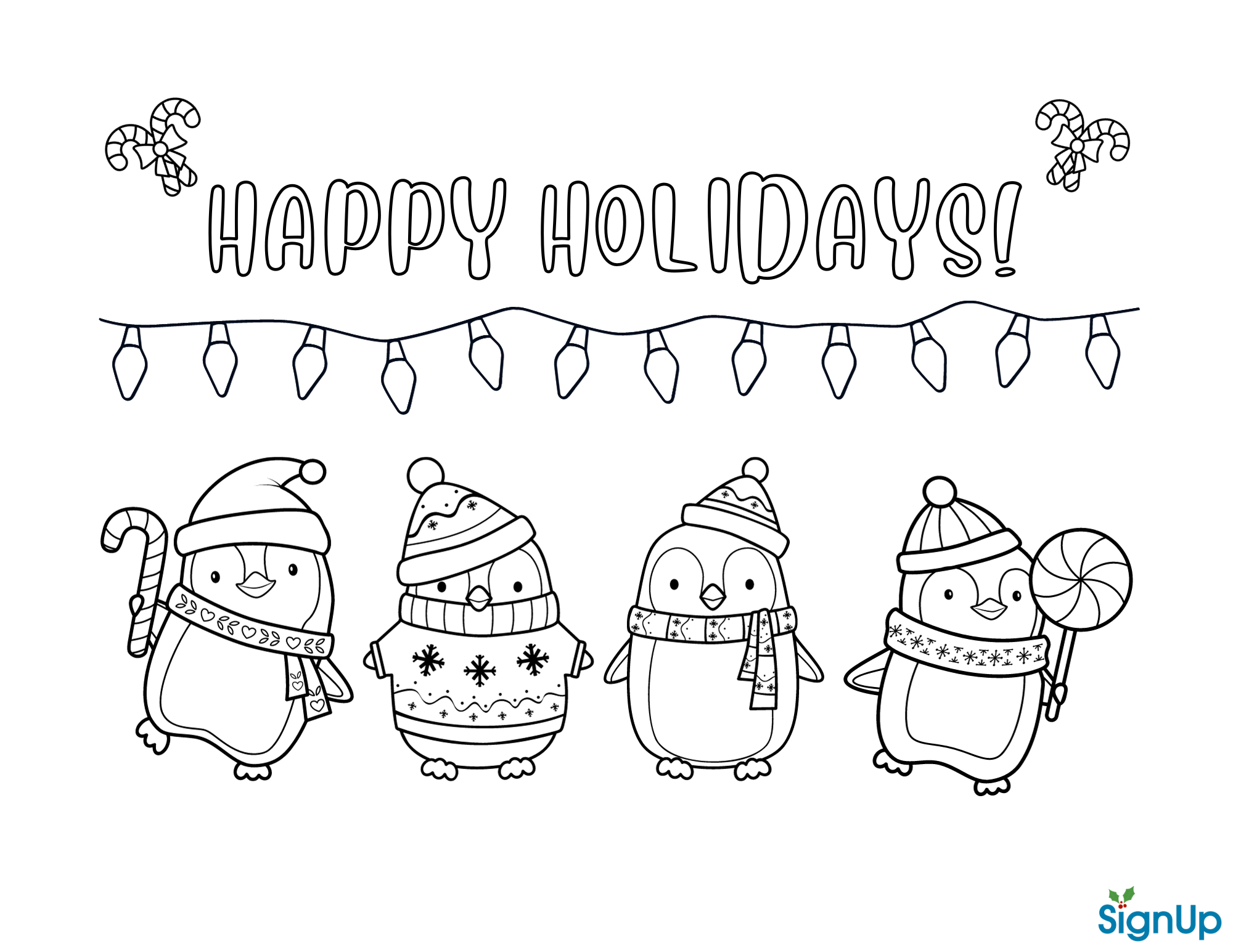 Happy Holidays penguins coloring page