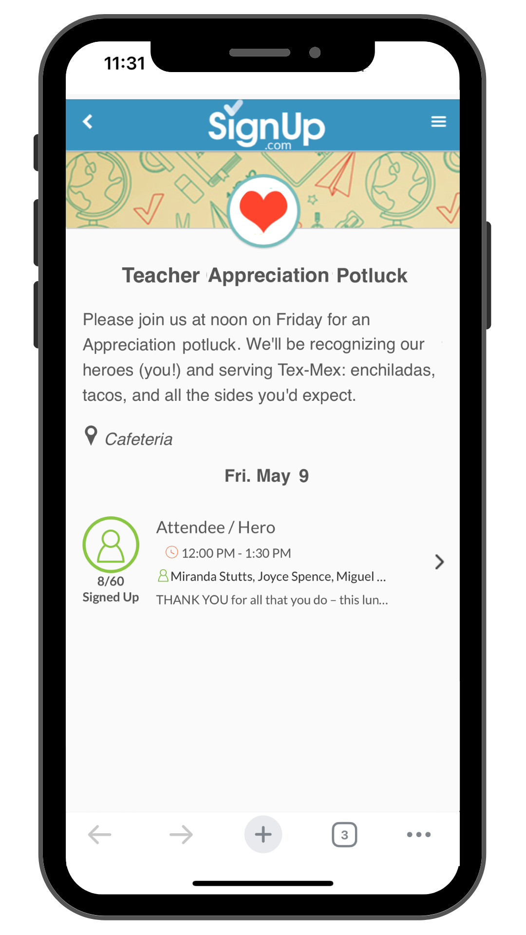 Teacher Appreciation Potluck SignUp on mobile phone 2025