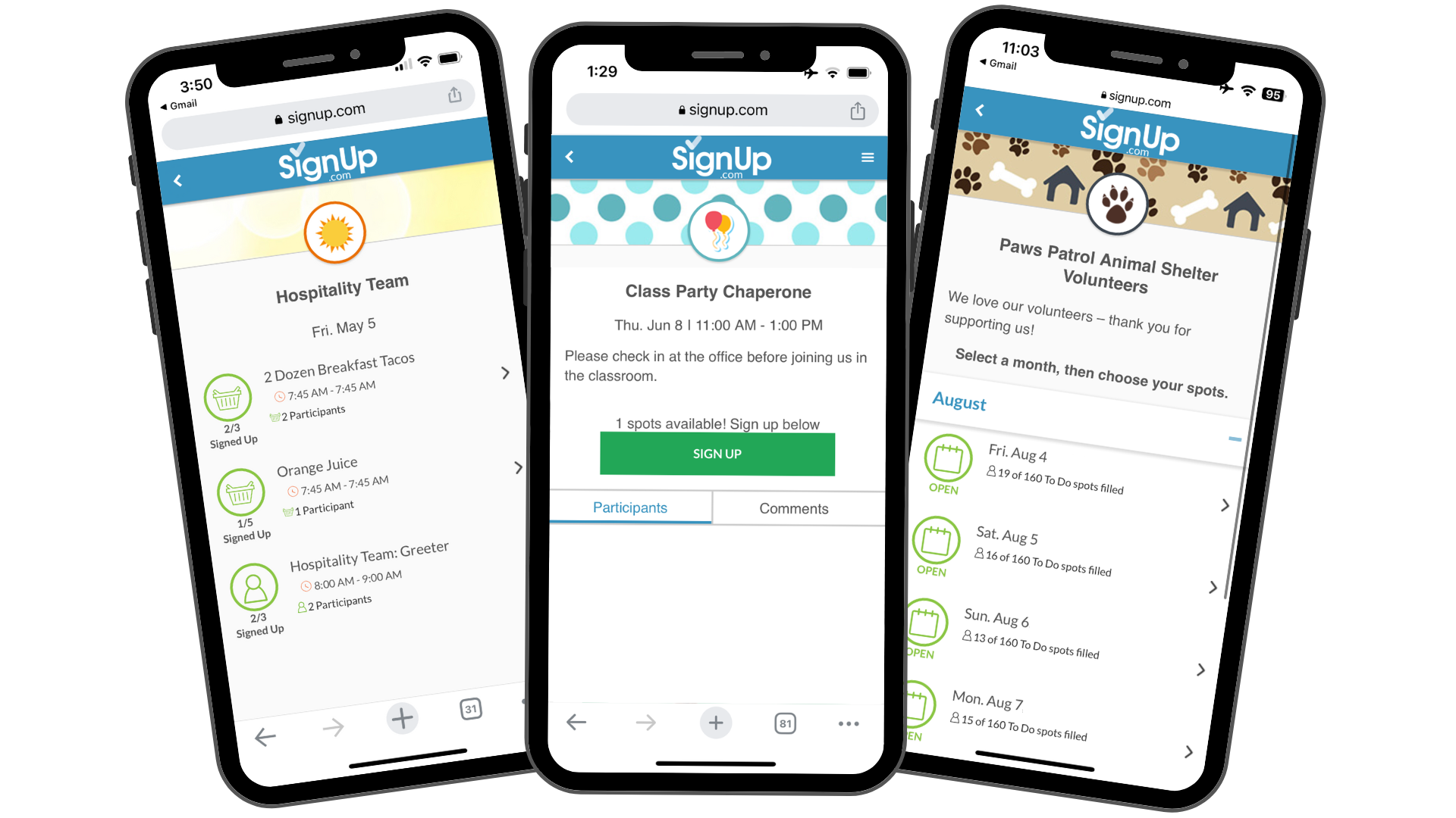 Hospitality Team SignUp, Class Party Chaperone SignUp, Animal Shelter Volunteer SignUp