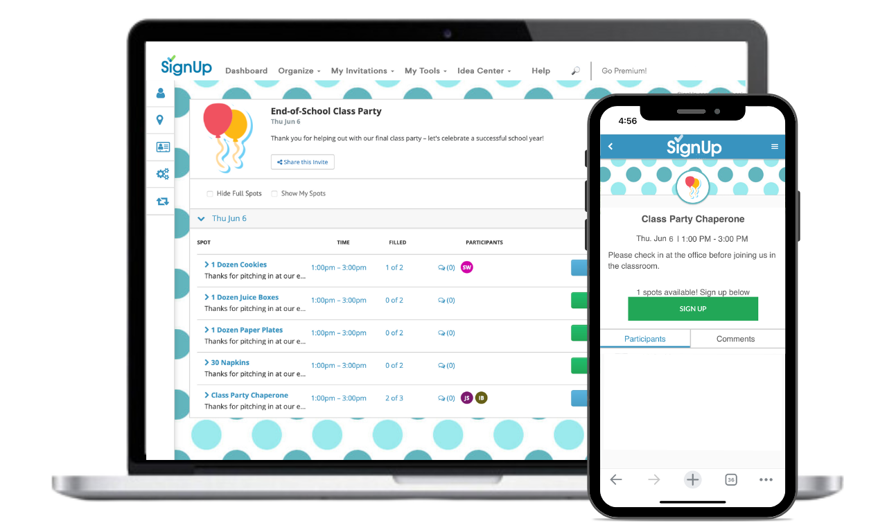 End of School Class Party SignUp on laptop and mobile phone