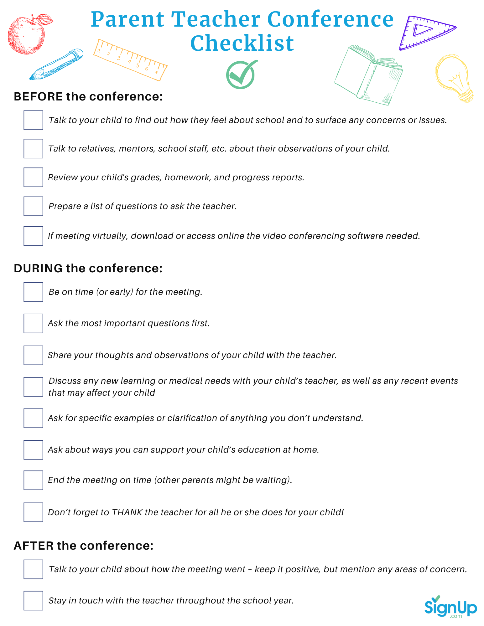 Parent Teacher Conference Checklist for Parents