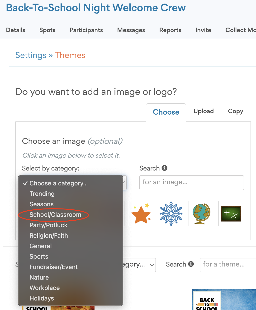 Select the School/Classroom category for badges