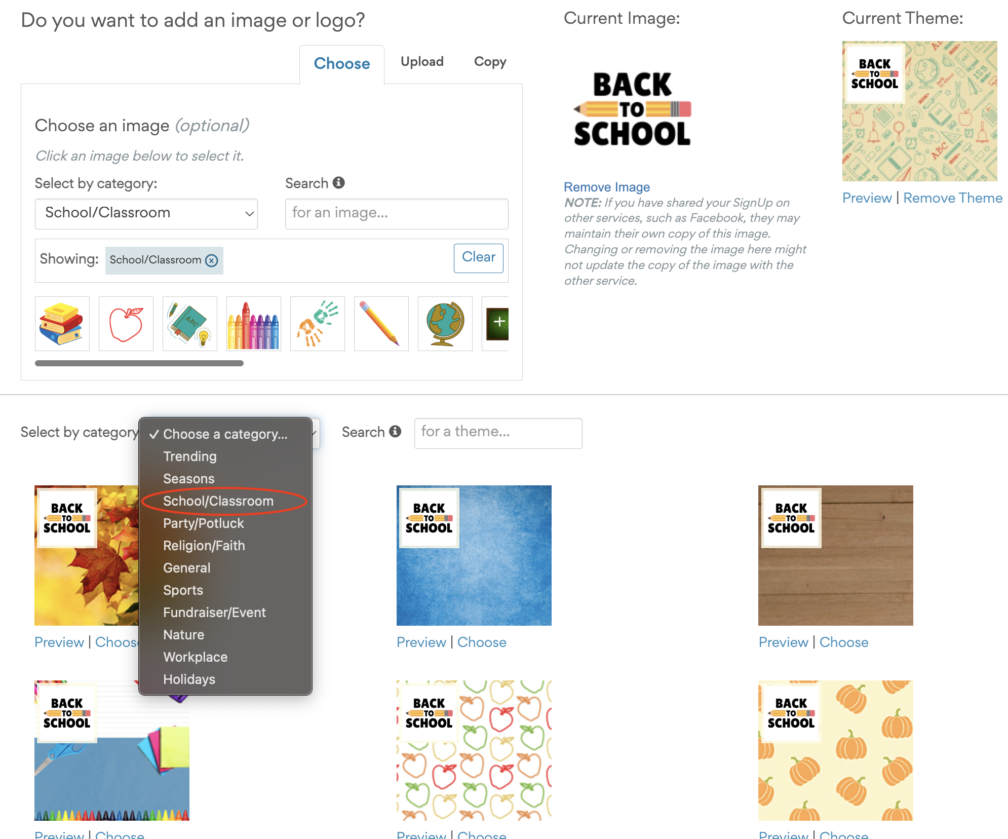 Select the School/Classroom category