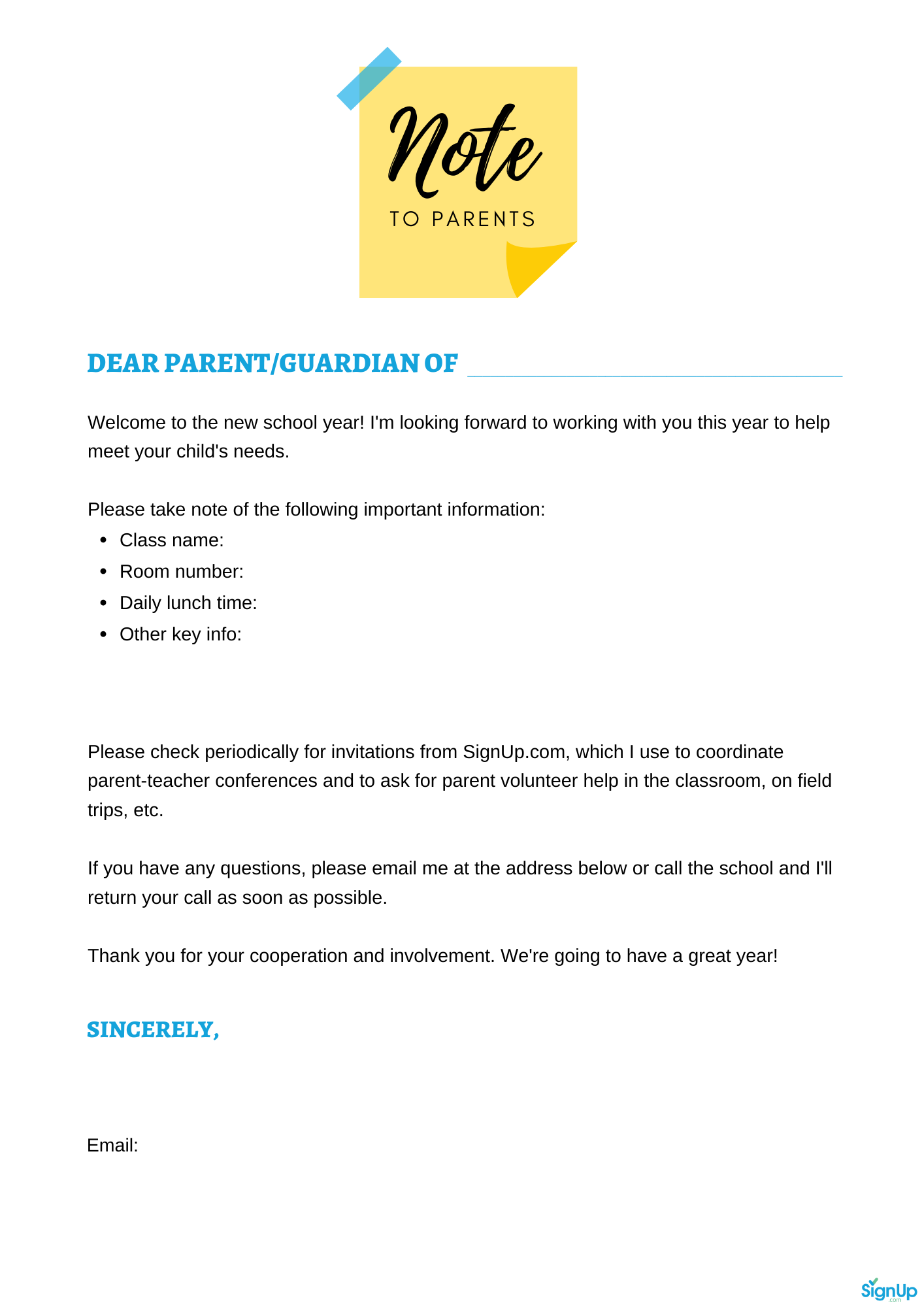 Teacher Note to Parents