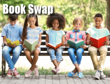 Book Swap 4th or 5th grade kids sitting on a park bench, each reading a book