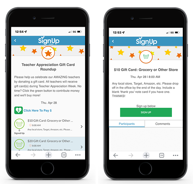 Teacher Appreciation Gift Card SignUp on cell phones