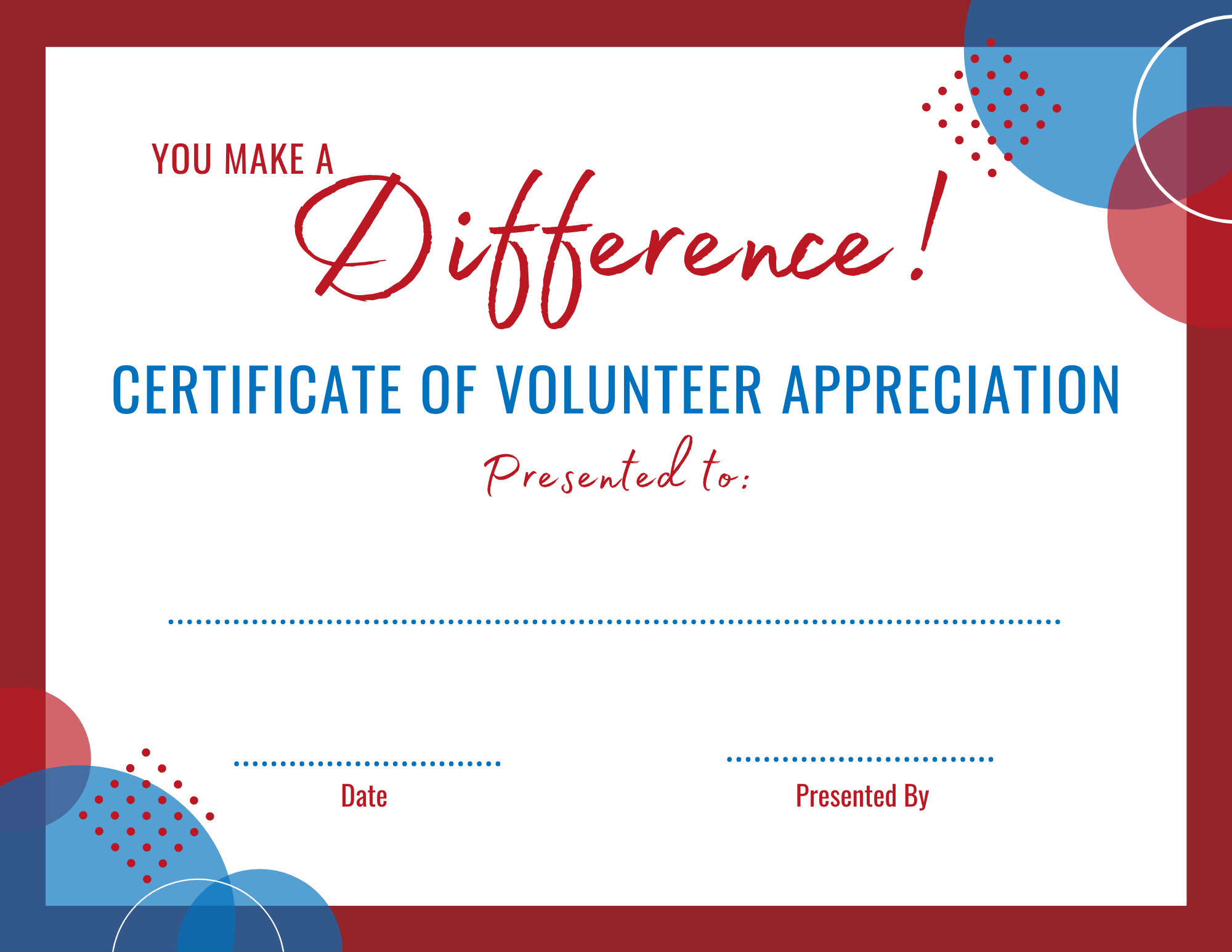 You make a difference volunteer appreciation certificate